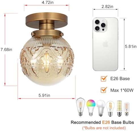 Semi Flush Mount Ceiling Light, Amber Globe Glass Close to Ceiling Light - Image 6