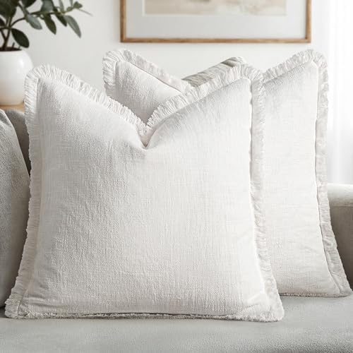 MIULEE Boho Linen Fringe Decorative Euro Throw Pillow Covers White 22x22 by MIULEE
