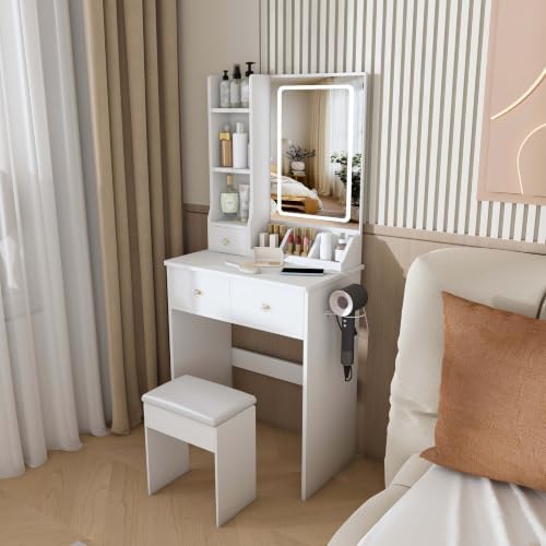Compact Vanity Desk with 3 Lighting Modes, 3 Drawers & 6 Shelves, Side Outlet - Image 4