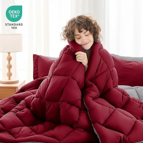 MUXHOMO King Comforter Set 7 Pieces, Reversible Bed in a Bag, Burgundy/Grey - Image 2