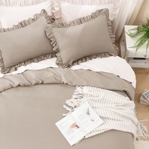 Litanika Queen Comforter Set, 3 Pieces Light Coffee Ruffle Bedding Set - Image 4