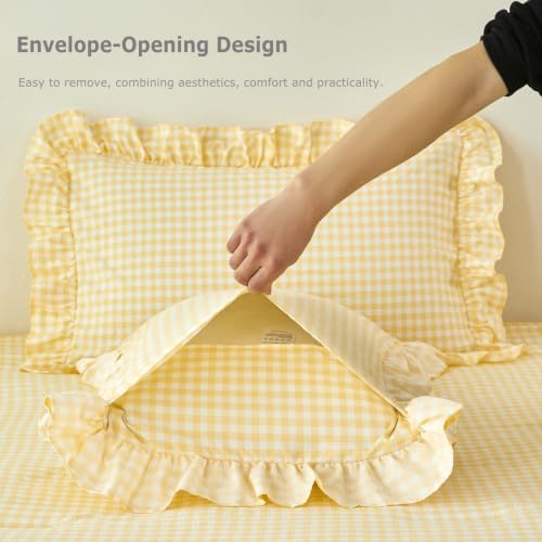 5 Pcs Gingham Bedding Set Queen Yellow Ruffle Comforter Sets - Image 6