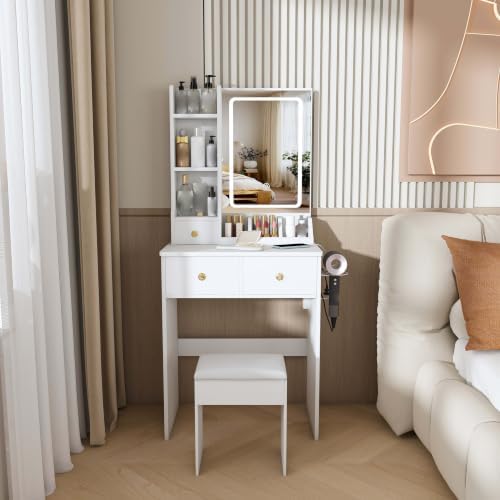 Compact Vanity Desk with 3 Lighting Modes, 3 Drawers & 6 Shelves, Side Outlet by Unknown