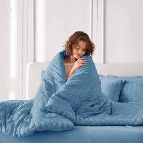 MUXHOMO King Comforter Set 7 Pieces, Seersucker Bed in a Bag, Mineral Blue - Image 6