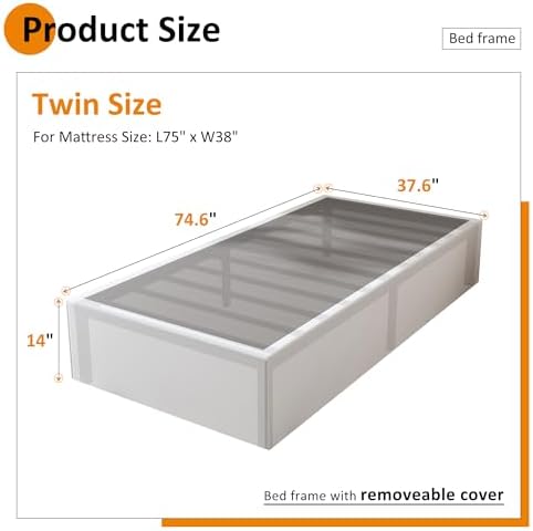 Twin Bed Frame with White Fabric Cover 14 Inch, Heavy Duty Metal Bed Frame Twin - Image 2