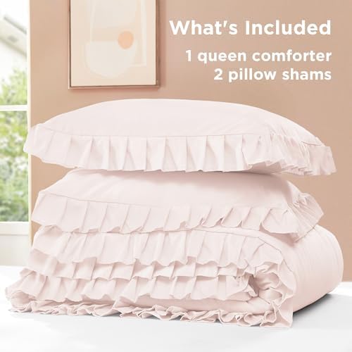 Litanika King Comforter Set, 3 Pieces Light Pink Ruffle Bedding Set - Image 7