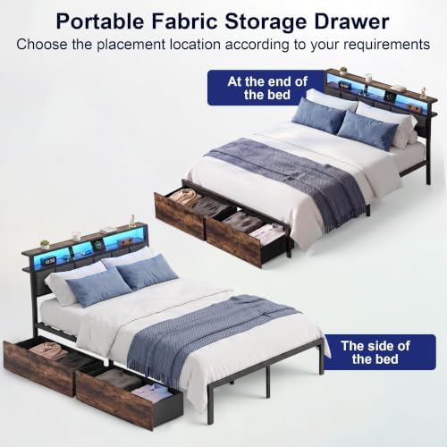 Queen Bed Frame with 2 Drawers and Storage Headboard, Metal Platform with LED - Image 6