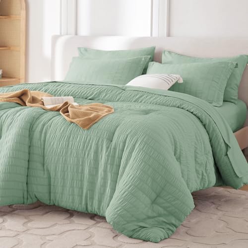 Oversized King Comforter Set 7 Pieces, Seersucker Bed in a Bag, Sage Green by MUXHOMO