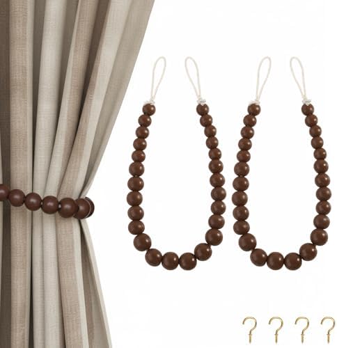 Hion 2 Pcs Boho Curtain Tiebacks, Wood Beads Curtain Holdbacks, Outdoor by Hion