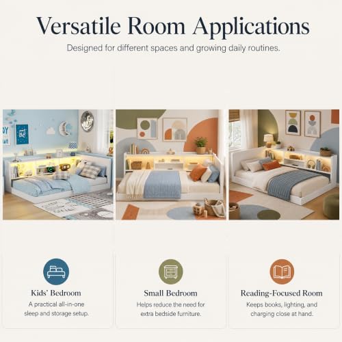 Twin Floor Bed with Storage, L-Shaped Corner Bed, Charging & LED - Image 7