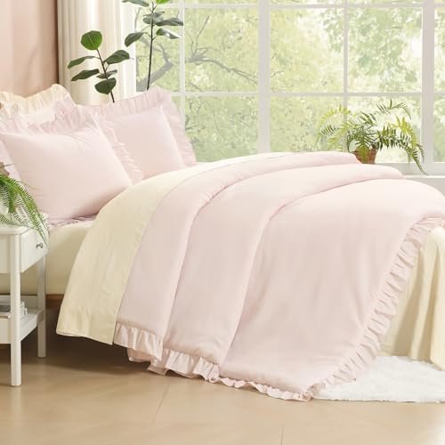 Litanika King Comforter Set, 3 Pieces Light Pink Ruffle Bedding Set - Image 3