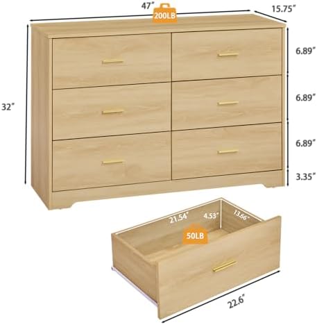Natural Oak Dresser for Bedroom, 6 Drawer Dressers & Chests of Drawers - Image 2