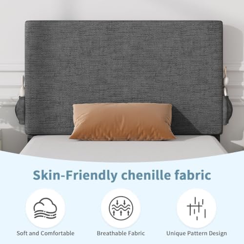 Twin Bed Frame, Chenille Headboard, Side Pockets, Dark Grey - Image 4