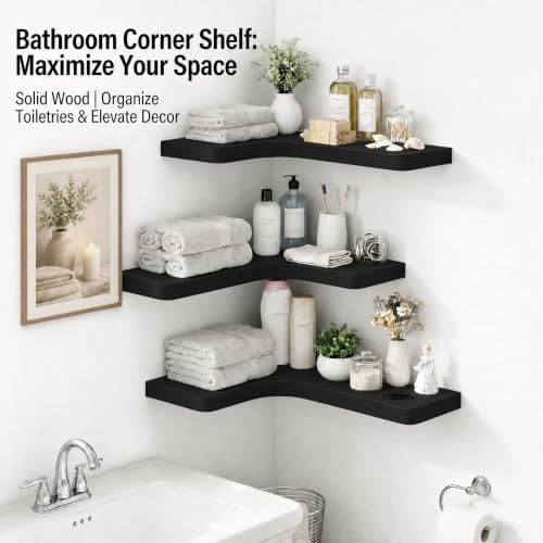 16 Inch Solid Wood Floating Corner Shelves, 3 Pack, Matte Black - Image 4