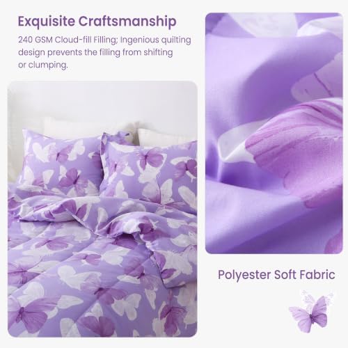 Mooreeke Purple Full Size Comforter Sets, Lightweight Butterfly Printed Bedding - Image 3