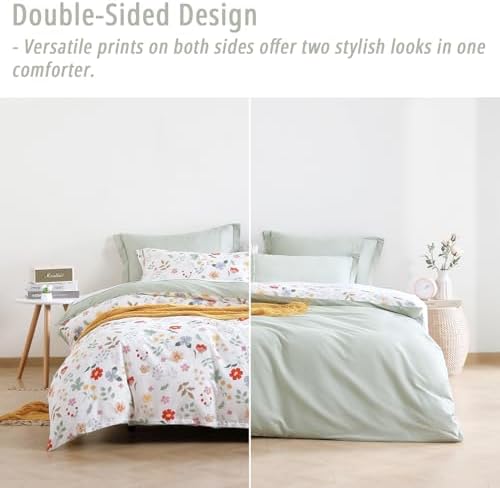 Fresh White & Sage Green Floral Cotton Comforter Set Queen Size 3PC - Image 3