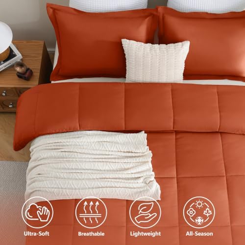 CozyLux Queen Comforter Set, 3-Piece Box-Stitched, Burnt Orange - Image 2