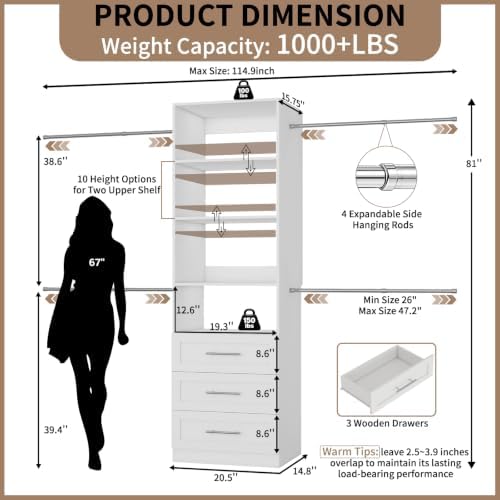 Closet System with 3 Drawers, 2FT-9FT Customizable Closet Organizer System with - Image 2