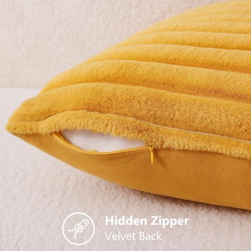 decorUhome Fall Faux Fur Throw Pillow Covers 12x20 Set of 2 Mustard Yellow - Image 3