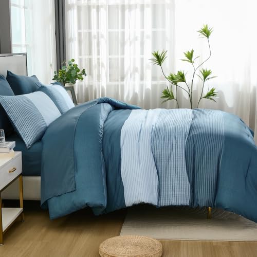 Blue Striped Comforter Set Queen, 7 Piece Boho Patchwork Bed in a Bag - Image 7