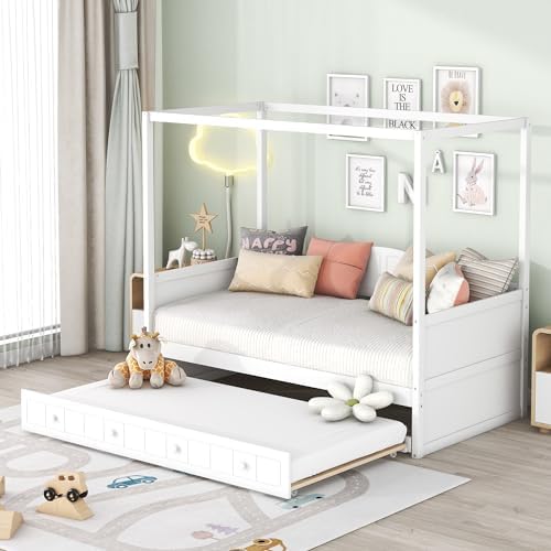 Merax Twin Canopy Daybed with Twin Trundle, Wooden Frame by Merax
