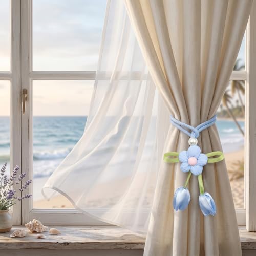 Floral Curtain Tiebacks, 4 Pack Adjustable Curtain Holdbacks, Dusty Blue - Image 5