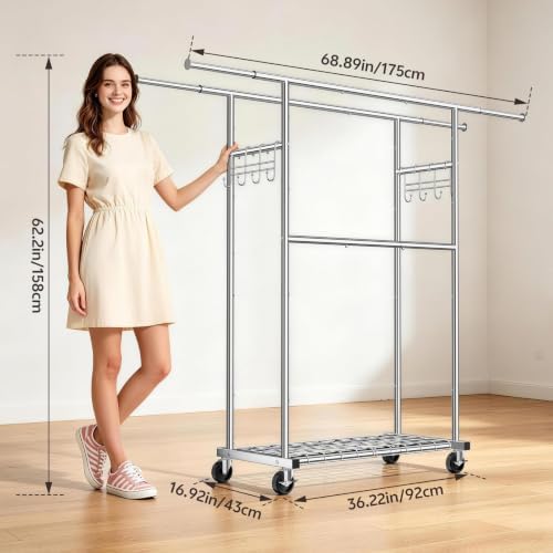 Heavy Duty Clothes Rack Load 550LBS, Rolling Clothing Rack Silver - Image 6