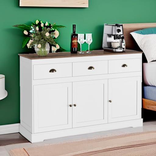 Keyluv White Buffet Cabinet Storage Sideboard Farmhouse Server Bar Wine Cabinet with 3 Drawers & 3 Doors Adjustable Shelves Console Table for Dining Living Room Kitchen Cupboard