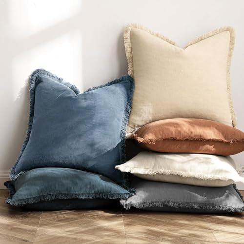 MIULEE Linen Fringe Decorative Euro Throw Pillow Covers Blue Ashes 24x24 - Image 6