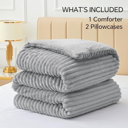 BEDELITE Fleece Full Comforter Set, Fluffy Bed Set, Light Grey - Image 6