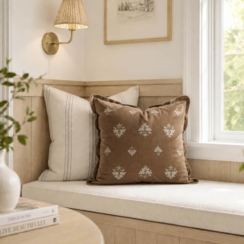 BlissBlush Decorative Throw Pillow Cover 20x20 Brown Floral Embroidery - Image 4