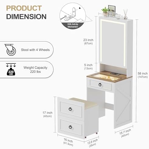 Lvifur 3-in-1 Vanity Desk with Mirror and Lights & Storage Stool - Image 2