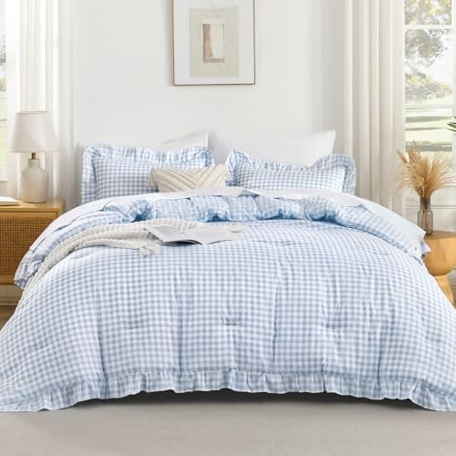 Andency Blue Gingham Ruffle Comforter Queen, 3 Pieces Vintage Bedding - Image 2