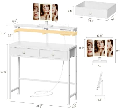 Small Vanity Desk with Rotating Mirror & Power Outlets, 31.5"W Makeup Table - Image 4