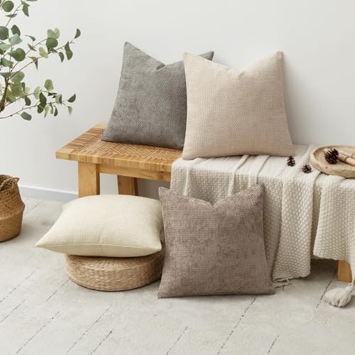 MIULEE Decorative Chenille Pillow Covers Neutral Beige 24x24 Pack of 4 - Image 4