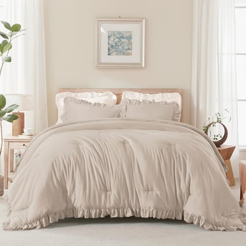 Andency Khaki King Size Comforter Set, 3 Pieces Solid Farmhouse Bedding - Image 2