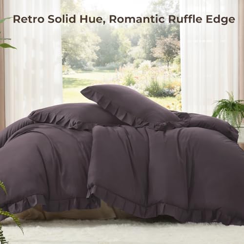 Litanika Queen Comforter Set, 3 Pieces Black Purple Ruffle Bedding Set - Image 2