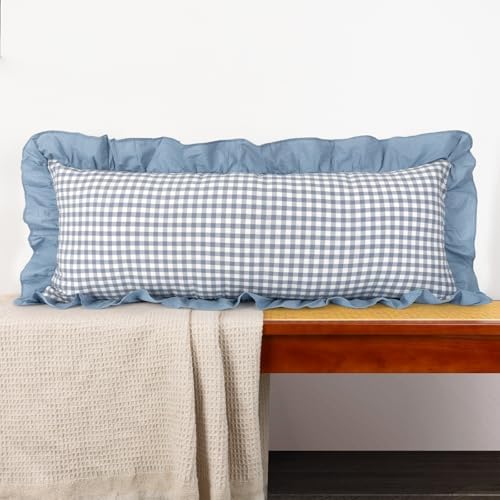 JoraLion Ruffled 14x36 Pillow Cover Gingham Smoke Blue Solid Edge by JoraLion