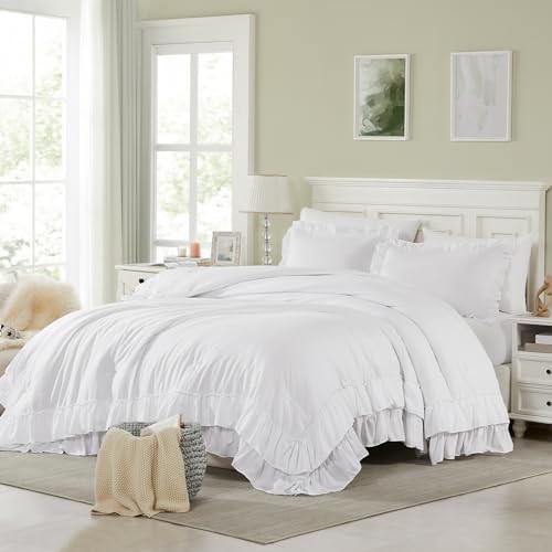 Cupocupa White Ruffle King Size Comforter Set; Shabby Chic Bedding Farmhouse by CupocupaHomeCollection