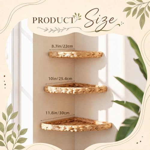Set of 3 Wicker Floating Corner Shelf Boho Wall Decor - Image 2