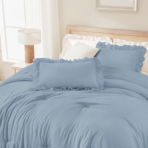 Andency Grayish Blue Ruffle Comforter Twin XL, 2 Pieces Solid Farmhouse Bed - Image 3