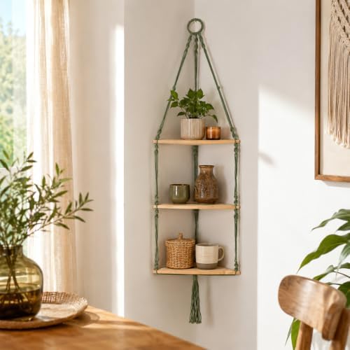 Artilady Corner Shelf Macrame Wall Hanging, Adjust Boho Storage Art, 3 Tier - Image 3