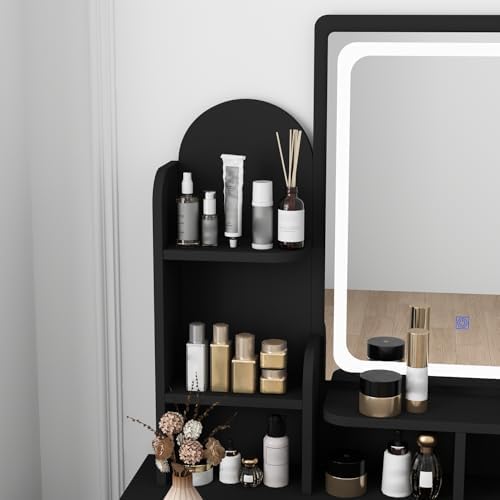 Vanity with Chair, Dressing Table with Lighted Rectangular Mirror, 5 Drawers - Image 5