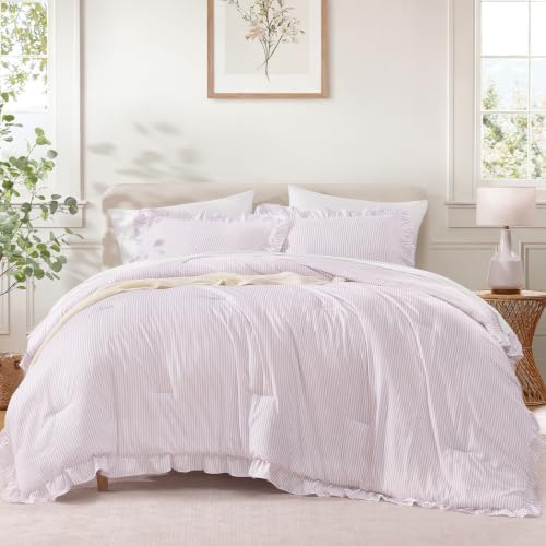Andency Grey Pink Striped King Ruffle Comforter Set, 3 Pieces - Image 2