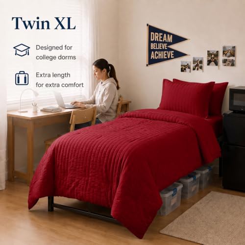 CozyLux Twin XL Comforter Set, 5 Pieces Dark Red Seersucker Bed in a Bag - Image 6