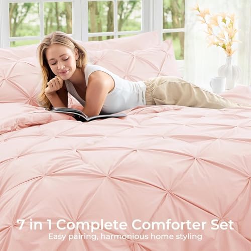 Sasttie Queen Comforter Set, 7-Piece Bed in a Bag, Pintuck Bedding Sets - Image 6