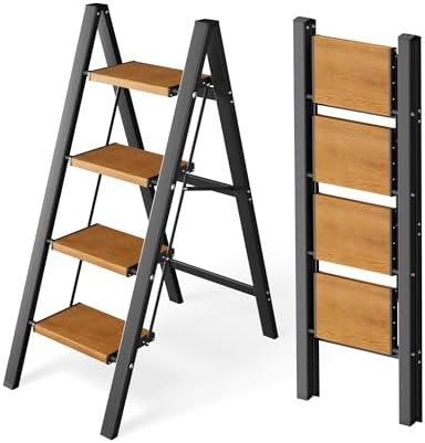 Taranta 4 Step Stool Foldable, Aluminum Step Ladder-BlackWoodgrain by TARANTA
