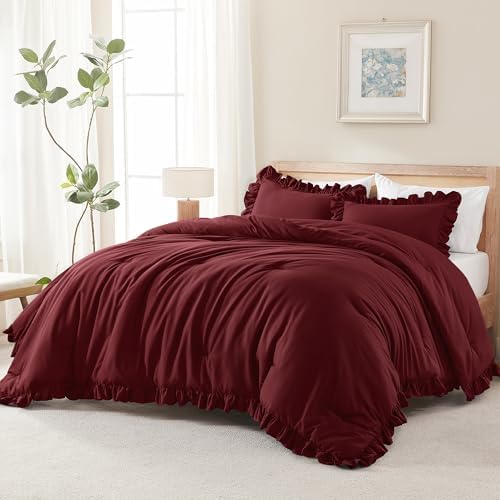 Andency Burgundy Ruffle Comforter Twin XL, 2 Pieces Solid Farmhouse Bed - Image 4