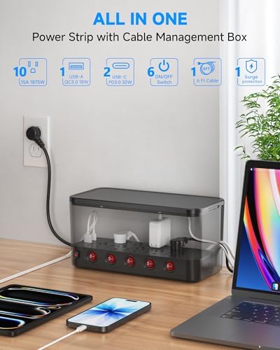 Power Strip with Cable Management Box, Large Cable Organizer Box - Image 2