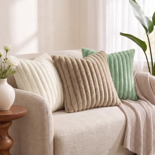decorUhome Faux Fur Throw Pillow Covers 12x12 Set of 2 Cream White - Image 2